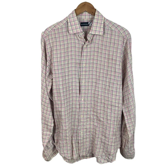 BF466 Mens Saks Fifth Avenue 100% LINEN Preppy Plaid Button Down Shirt 15.5 M - Picture 1 of 4